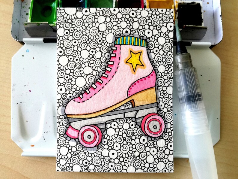 203 Roller Skate Skateboards Doodleart miniature Watercolor Fantasy Vintage ATC Bibartworkshop ACEO original No