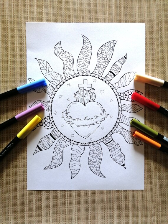 Sacred Heart of Jesus. Printable Coloring Page for Adults.page - Etsy