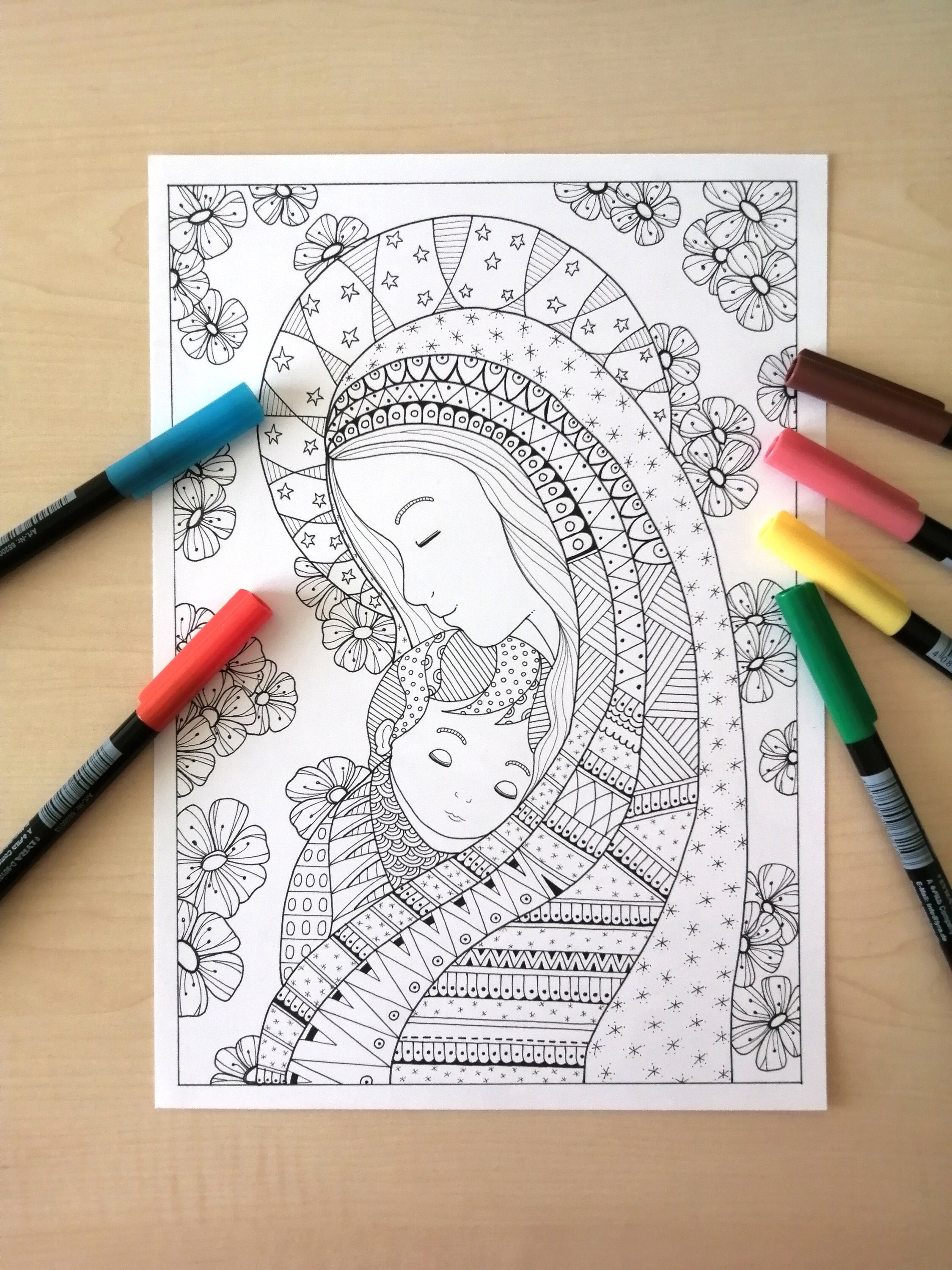 Virgin Mary With The Baby Jesus Coloring Page For Adults Jpg Etsy