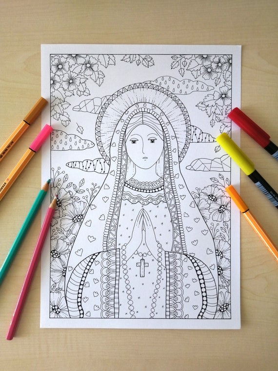 Virgen María bendecida con rosario Dibujo para colorear para - Etsy México