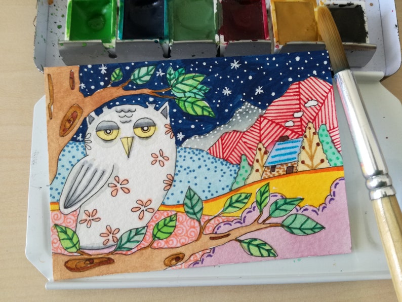 106 Owl Royal Night stared landscape colorful Folk Art watercolor illustration ATC by Bibartworkshop ACEO original N