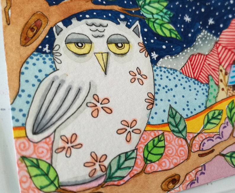 106 Owl Royal Night stared landscape colorful Folk Art watercolor illustration ATC by Bibartworkshop ACEO original N
