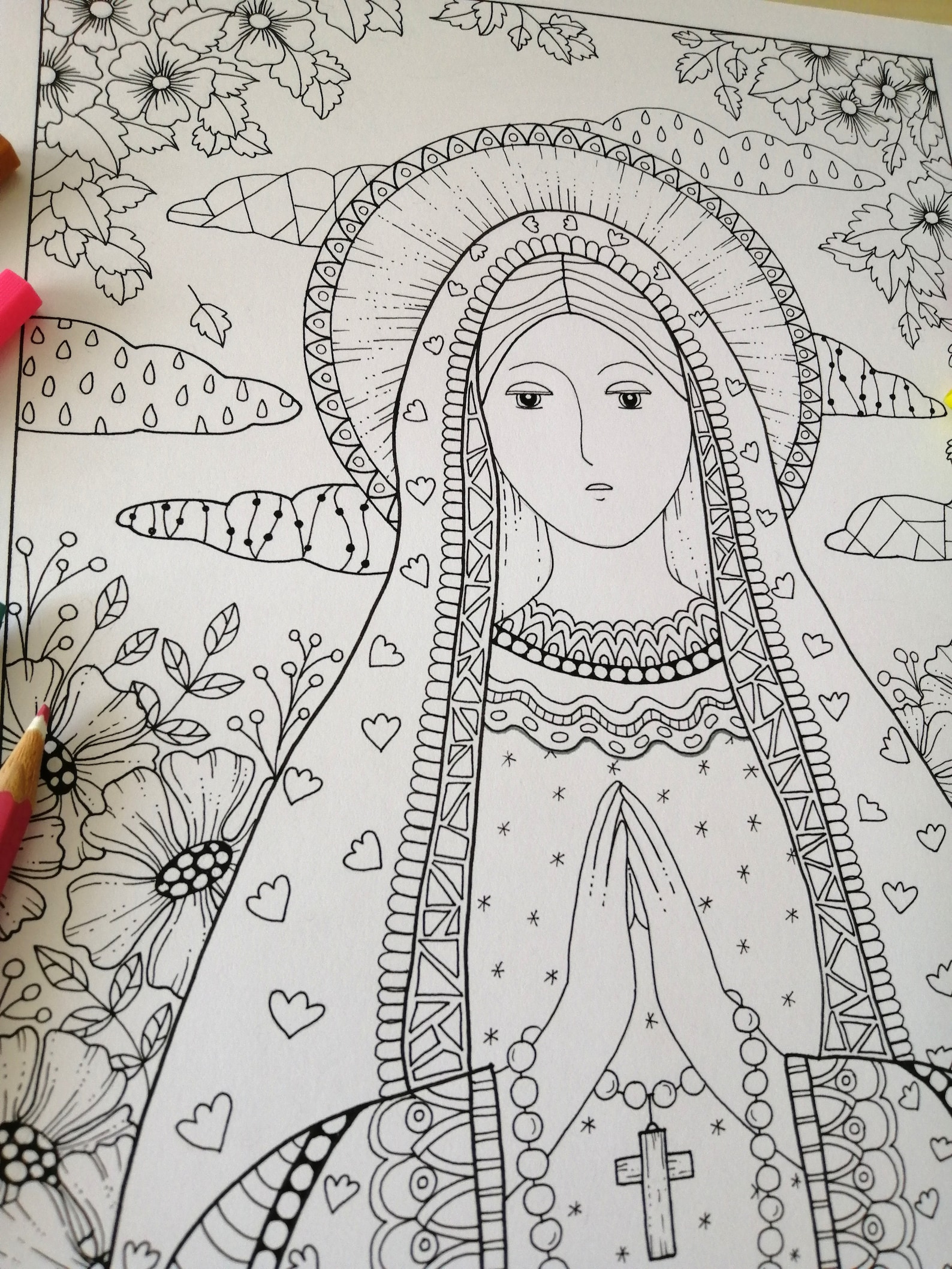 Virgin Mary Blessed With Rosary| Coloring Page for Adults| Instant ...