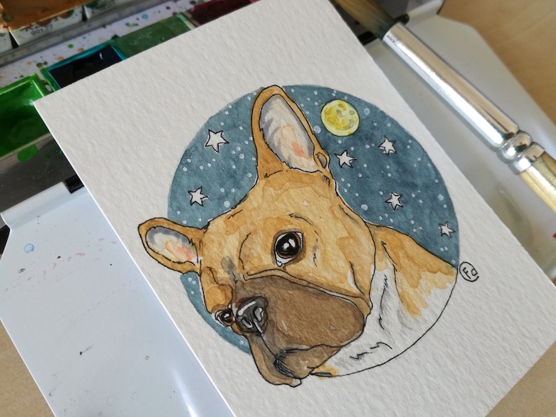 ACEO Original Artistic Paper Collectibles 2.5 x 3.5 French Bulldog honey Moon Starry Sky gift Card by FD Bibartworkshop