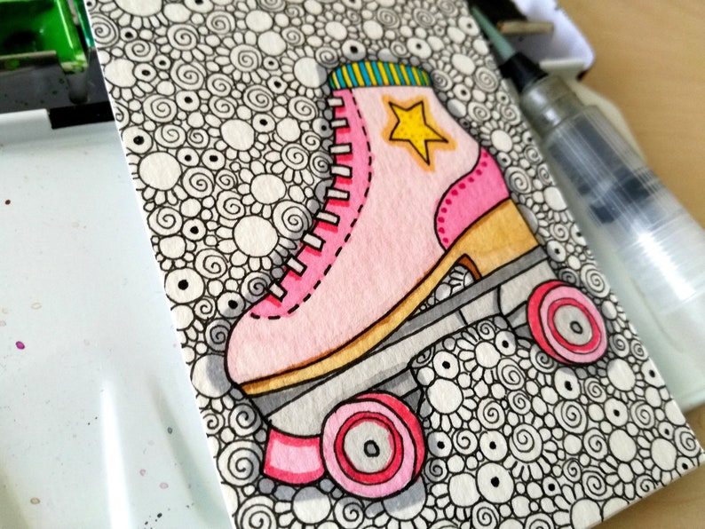 203 Roller Skate Skateboards Doodleart miniature Watercolor Fantasy Vintage ATC Bibartworkshop ACEO original No