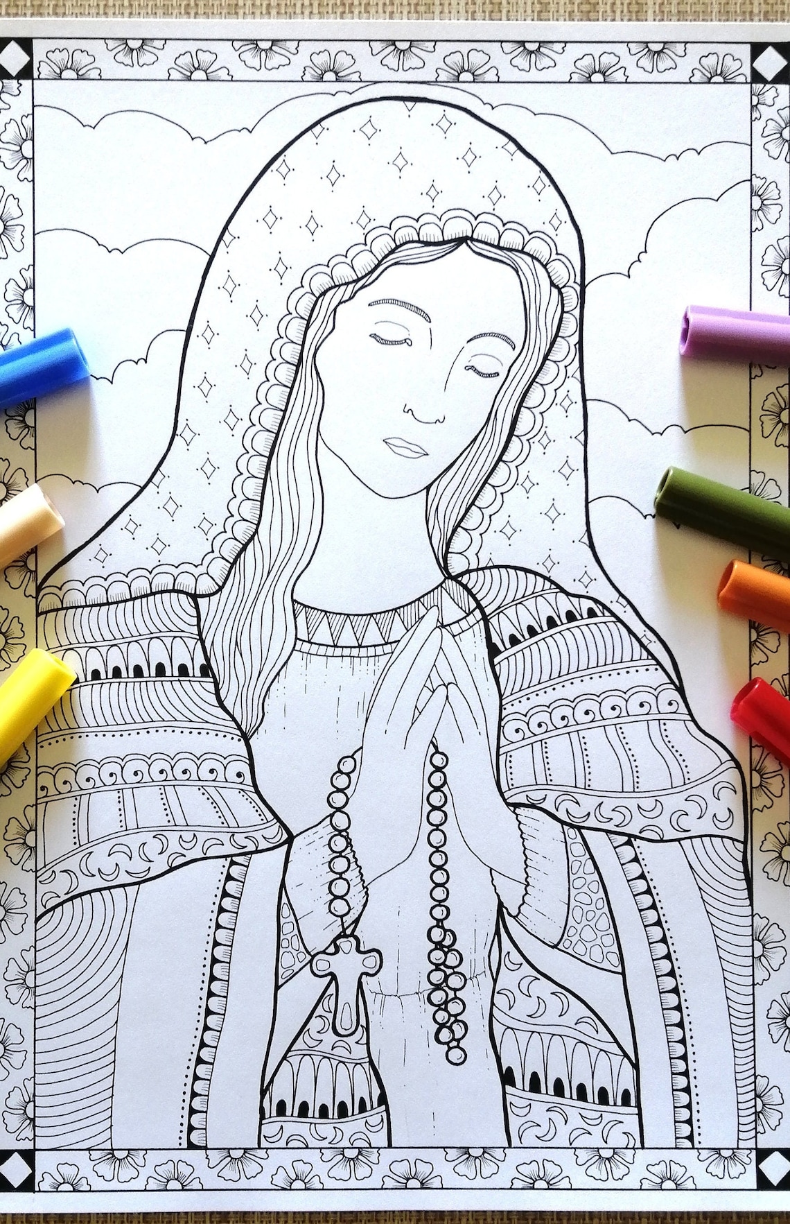 Madonna With Rosaries. Printable Coloring Page.coloring Page for Adults.coloring Page for Kids ...