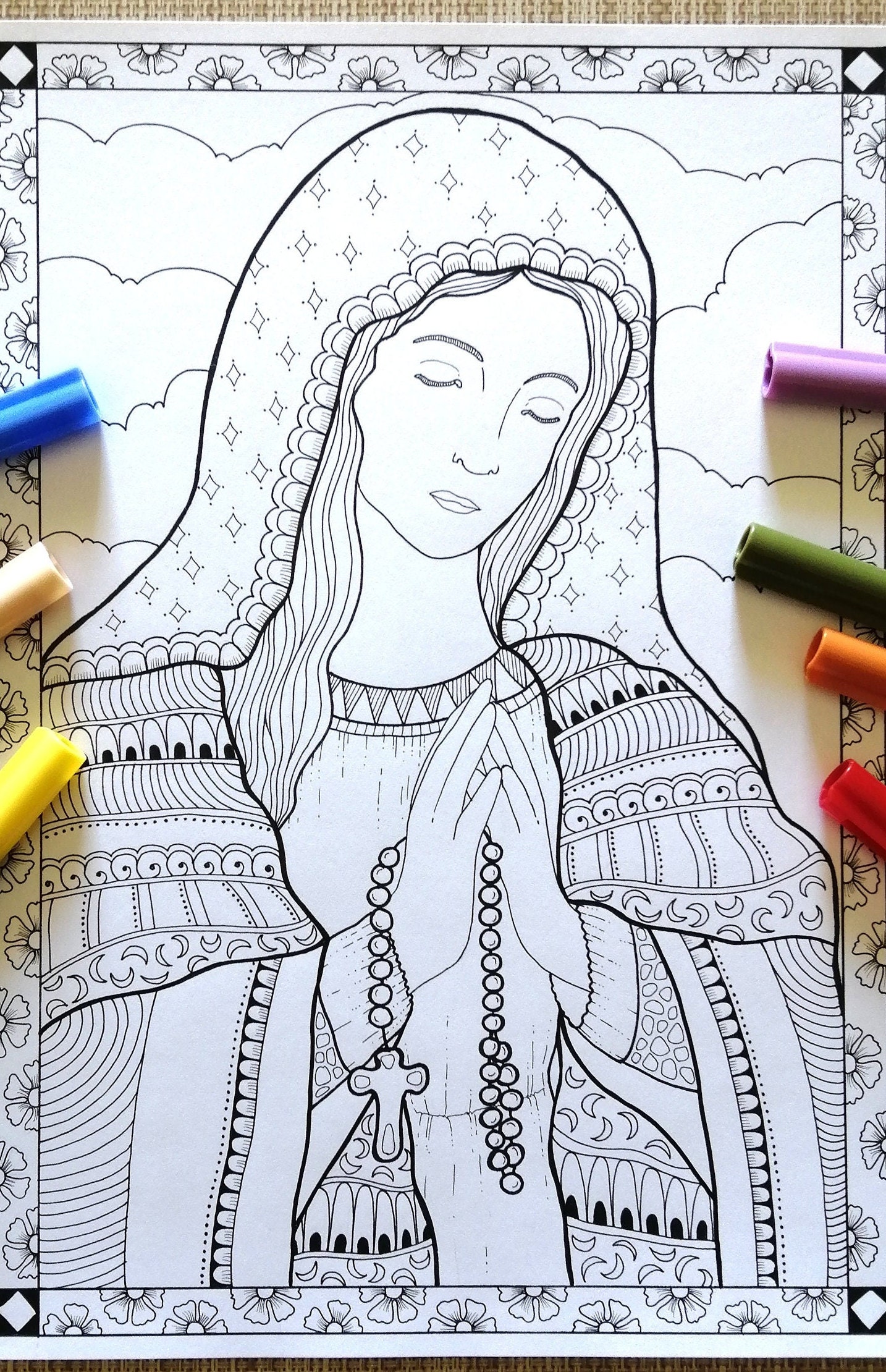 Madonna With Rosaries. Printable Coloring Page.coloring Page for Adults.coloring Page for Kids ...