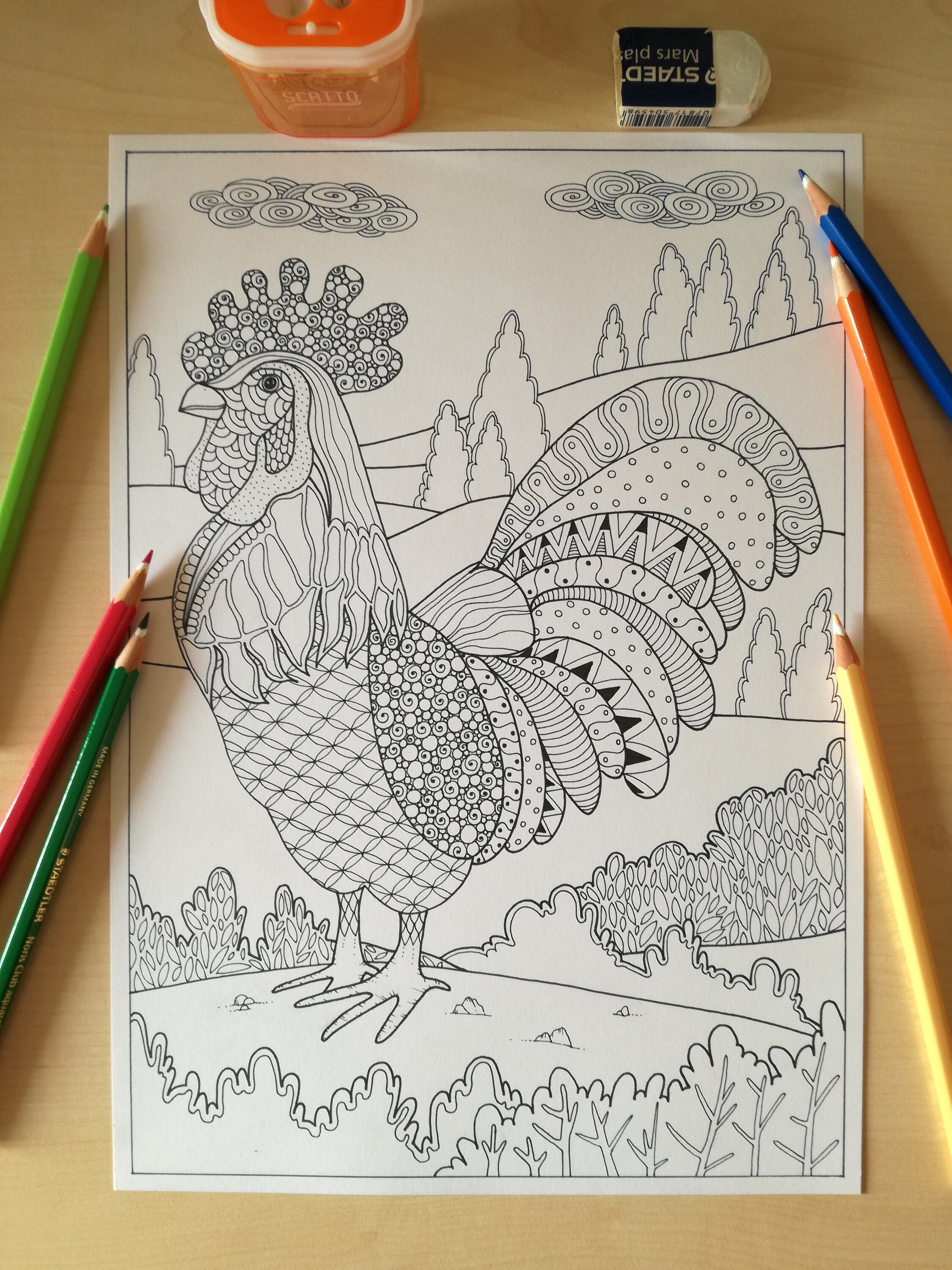 Rooster Coloring Page For Adult Instant Download Printable Etsy