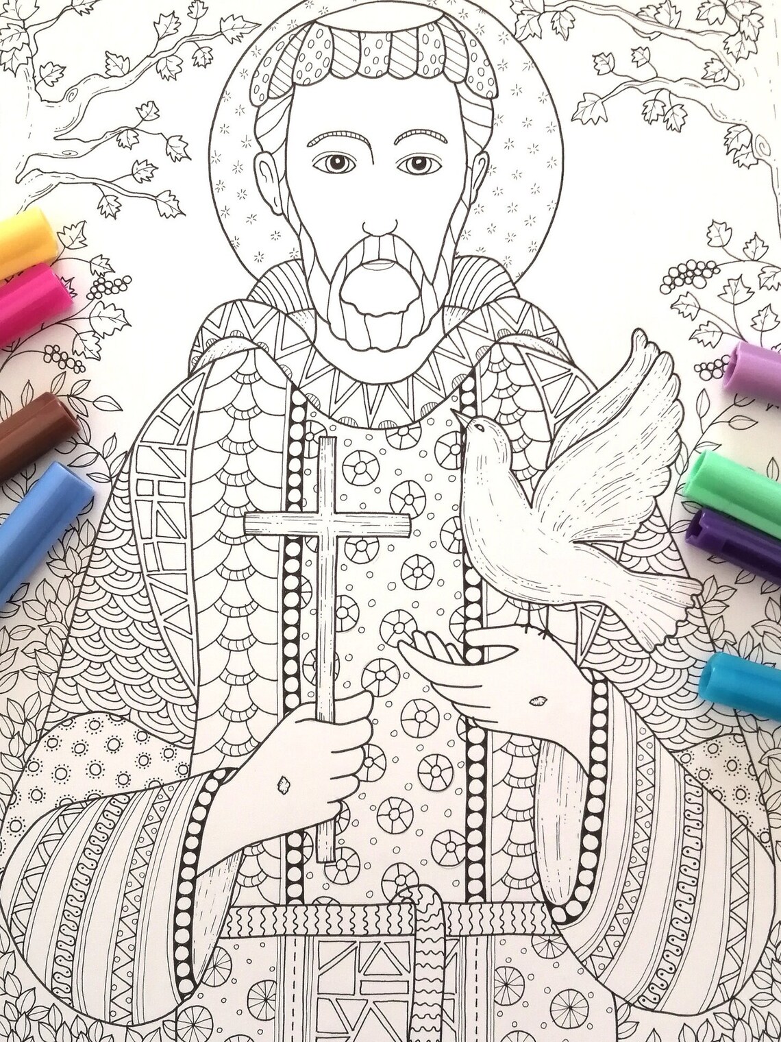 Saint Francis of Assisi| Coloring Page for Adults, JPG Printable