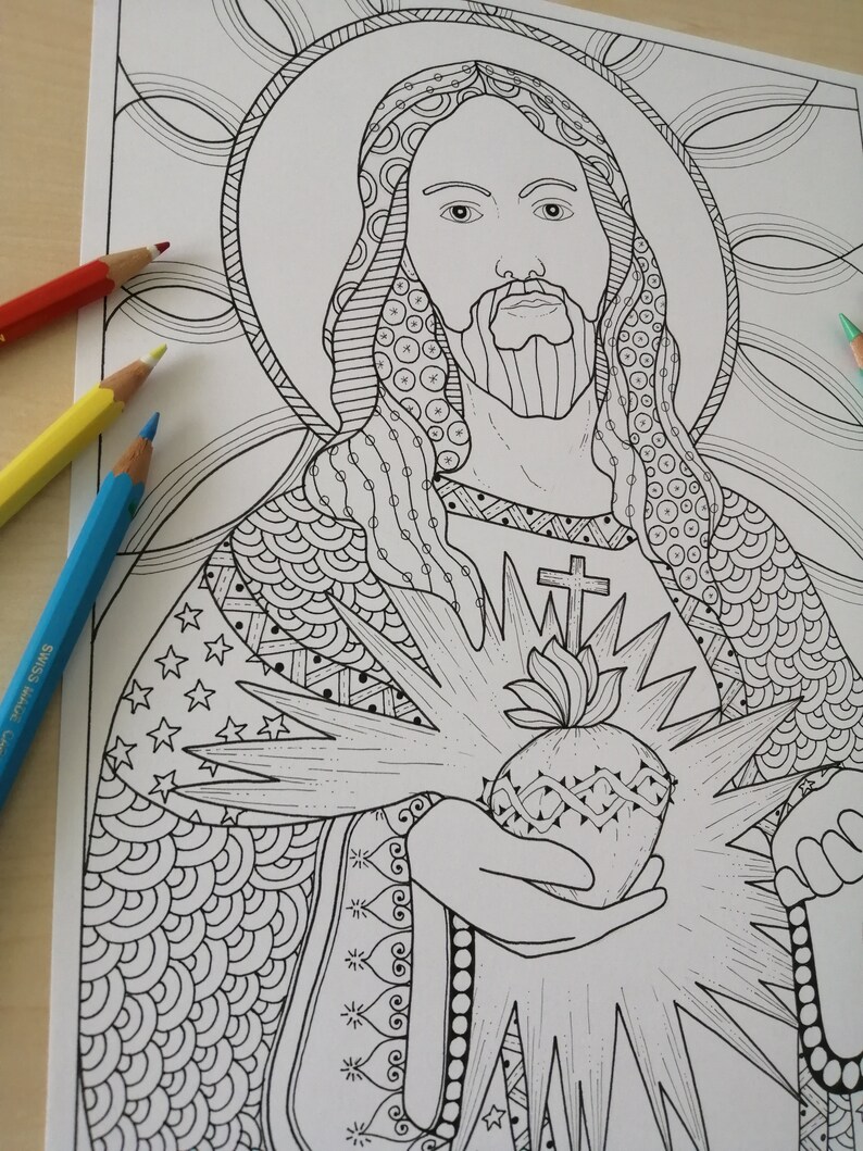 Sacred Heart of Jesus - Printable Adult Coloring Page, Printable Art ...