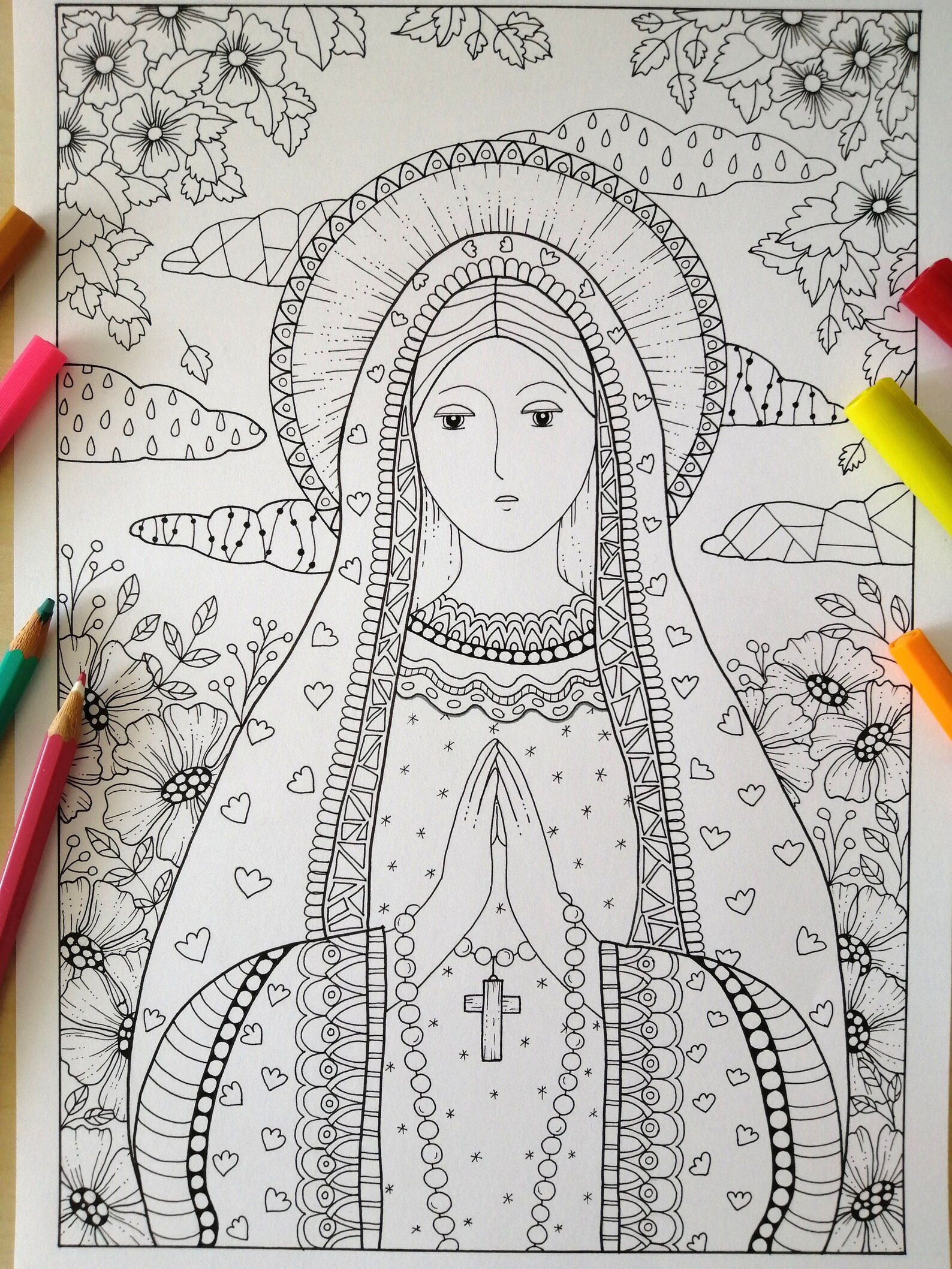 Virgin Mary Blessed With Rosary| Coloring Page for Adults| Instant ...