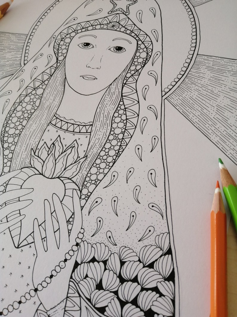 Mary's Immaculate Heart Coloring Page for Adult Printable Catholic