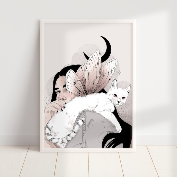 Finart Print A3 „cat moth“ Kunstdruck, Katzehliebhaber, Wall Art
