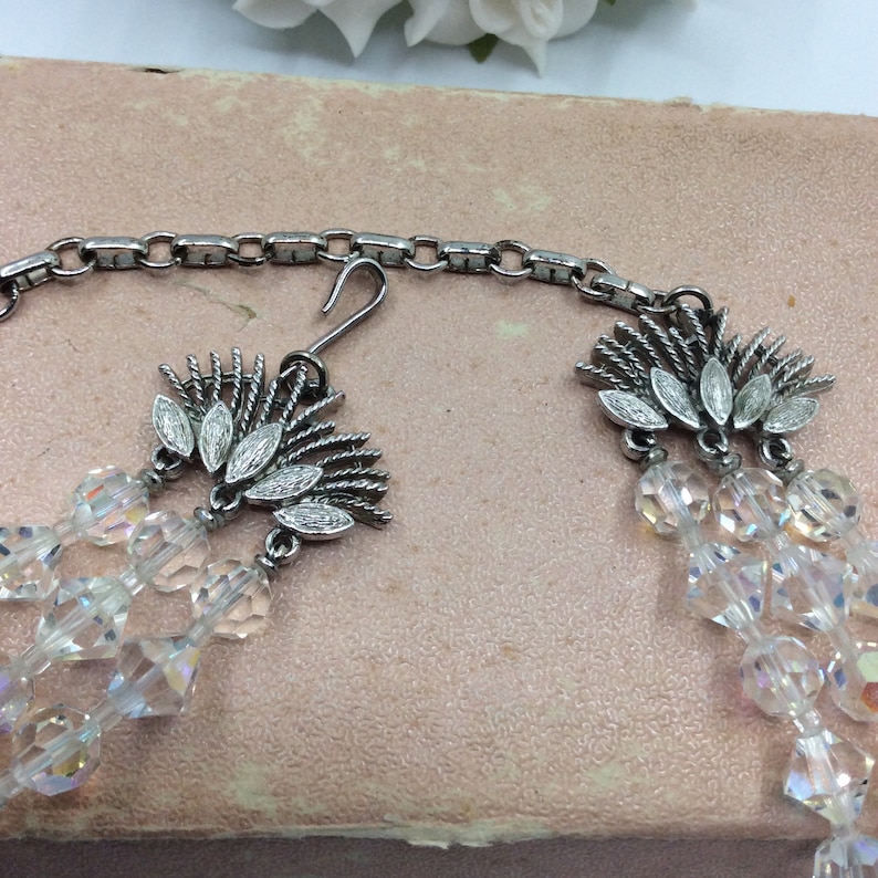 Vintage 1950s Necklace Signed Coro Aurora Borealis Crystal Bead Triple Strand Necklace