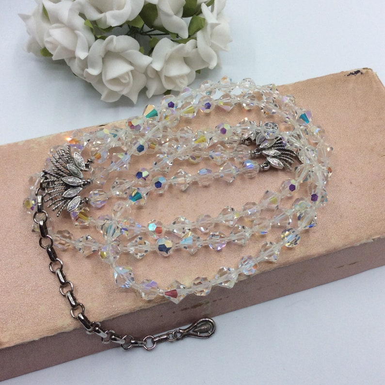 Vintage 1950s Necklace Signed Coro Aurora Borealis Crystal Bead Triple Strand Necklace