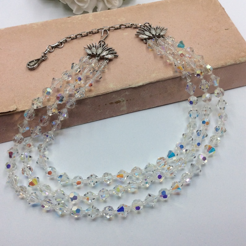Vintage 1950s Necklace Signed Coro Aurora Borealis Crystal Bead Triple Strand Necklace