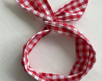 Red Gingham Print Wire Headband, Wide headband, Hair Wrap Knot headband, Head Scarf look, Gift for women, Spring Accessories