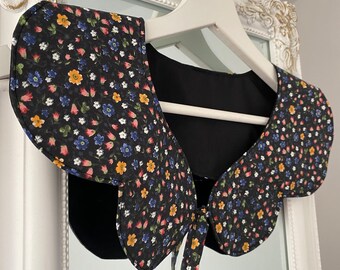 Black and Multicolor Floral Cotton Collar, Oversized Collar, Detachable Peter Pan Collar, Removable Collar, Gift for Her, Clothes Accessory