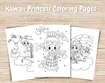 10 Kawaii Princess Coloring Page, Cute Princess Coloring Pages,Printable Princess Coloring Pages for Girls,Princess Stamps, Coloring For Kid