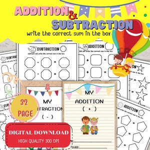 30 self-filling math worksheets, 1 addition cover and 1 subtraction cover, Printable, Instant download, Addition, Subtraction, Kindergarten.