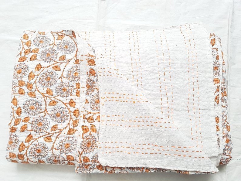 Indian Kantha Quilt Block Printed Kantha Blanket Cotton Kantha Etsy