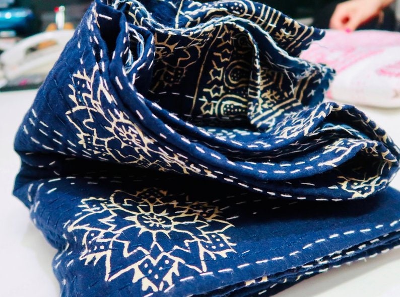 Indigo kantha throw quilt boho kantha indigo bedding bohemian bedding decor boho throw indian cotton coverlet kantha throw twin size king