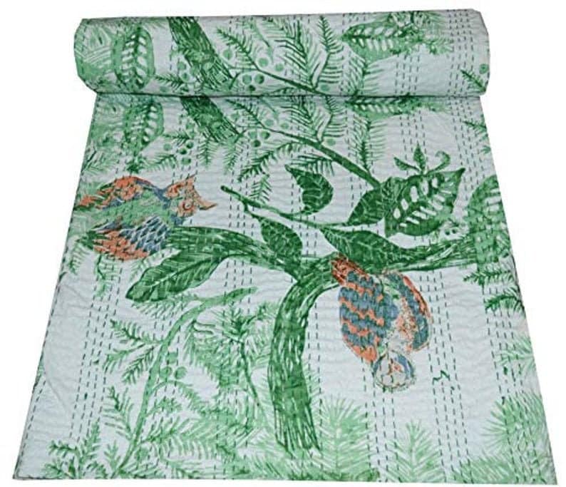 India owl print kantha quilt cotton handmade hippie bedding bedspread blanket boho bohemian bed cover queen size gudari