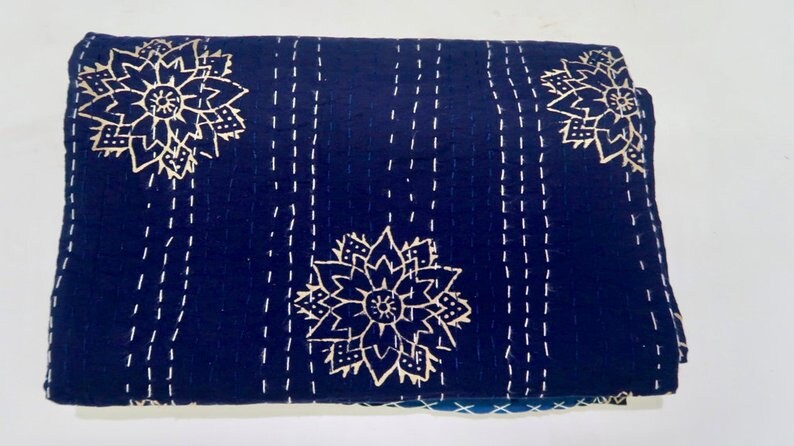 Indigo kantha throw quilt boho kantha indigo bedding bohemian bedding decor boho throw indian cotton coverlet kantha throw twin size king