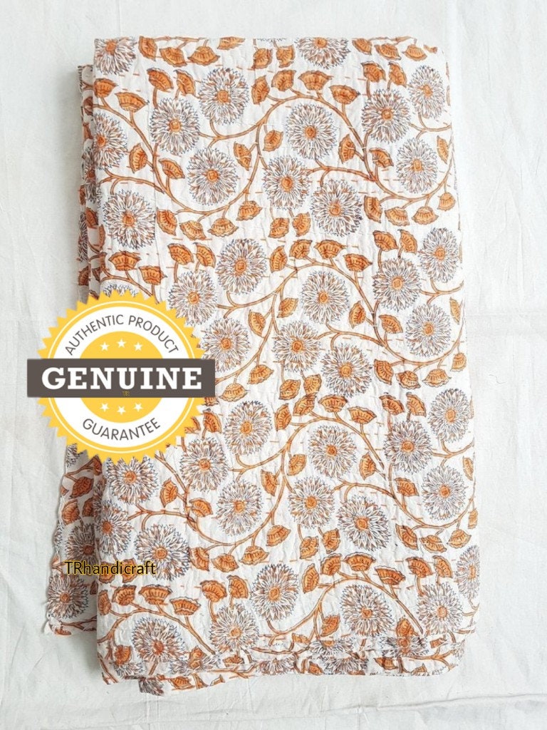 Indian Kantha Quilt Block Printed Kantha Blanket Cotton Kantha Bedspr…