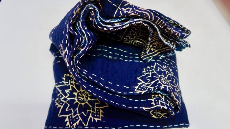 Indigo kantha throw quilt boho kantha indigo bedding bohemian bedding decor boho throw indian cotton coverlet kantha throw twin size king