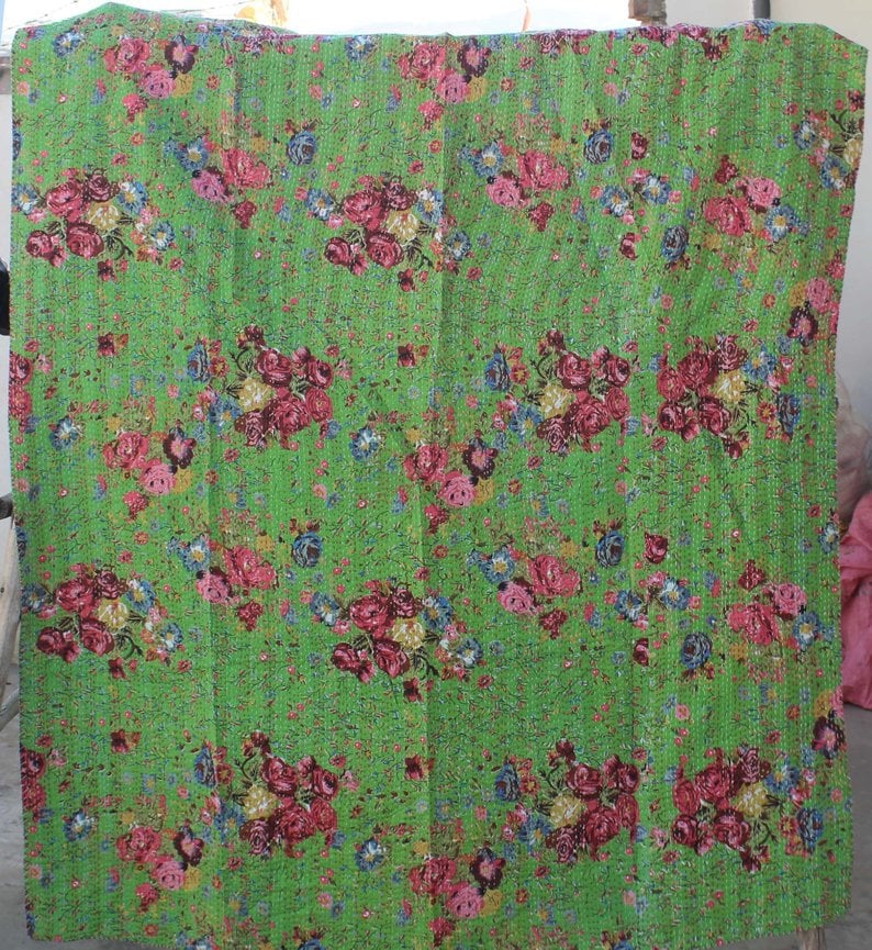 Designer Floral  handmade Quilt new block printed kantha quilt 100/% cotton Twin size