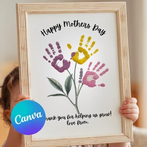 Mother's day craft handprint art birthday activity floral bouquet grandma flower DIY kids children toddler baby printable keepsake, canva