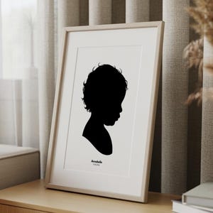 May include: Framed silhouette art print featuring a black profile of a child with curly hair. The print is in a light wood frame with a white mat. The child's name, Annabelle, is printed at the bottom of the print.
