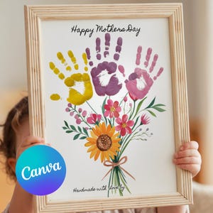 Artesanato para o dia das mães, arte de impressão de mão, atividade de aniversário, buquê floral, avó, flor, faça você mesmo, crianças, criança, bebê, lembrança para impressão, canva