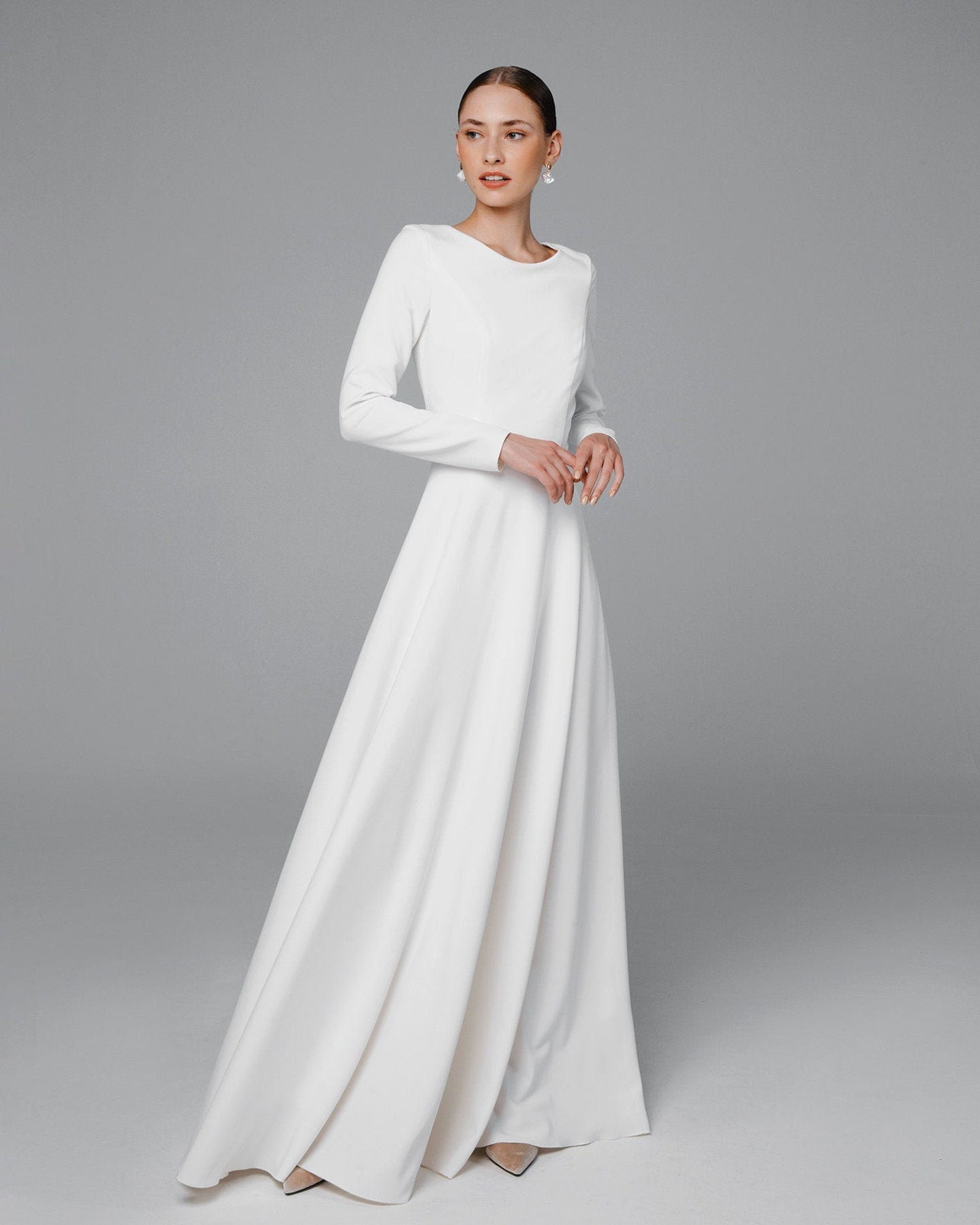 Crepe long sleeve wedding gown lds wedding dress Minimalist | Etsy