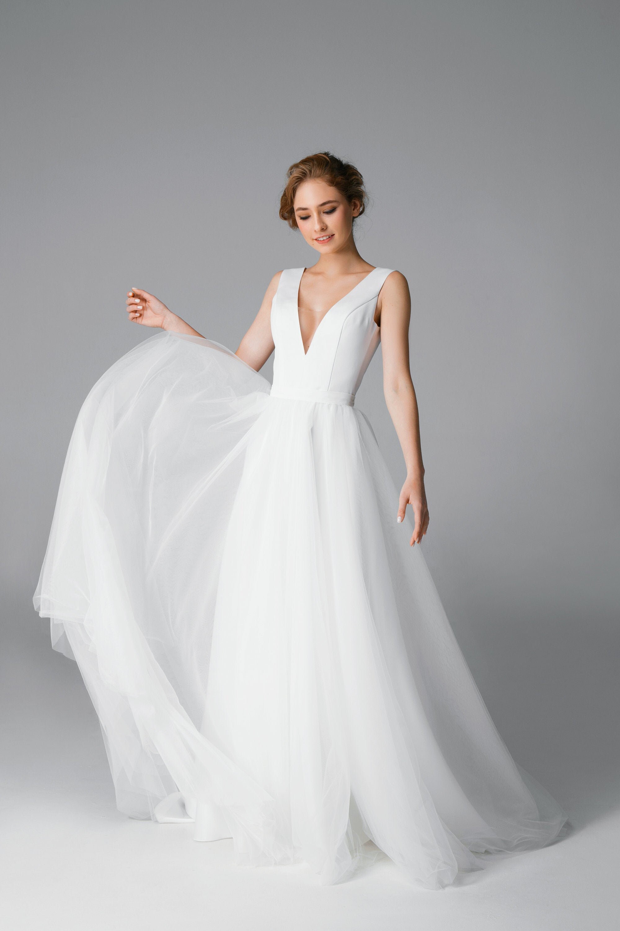v neck a line satin wedding dress