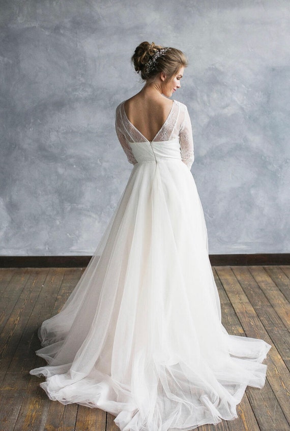 Lace wedding dress Long sleeve tulle wedding dress Bridal | Etsy