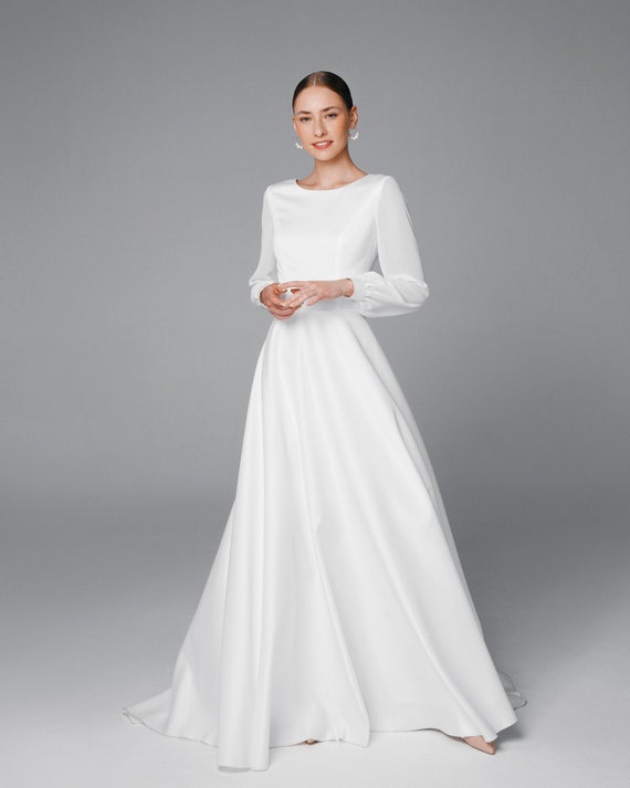 Modest Long Sleeve Wedding Dress Satin and Chiffon Bridal | Etsy