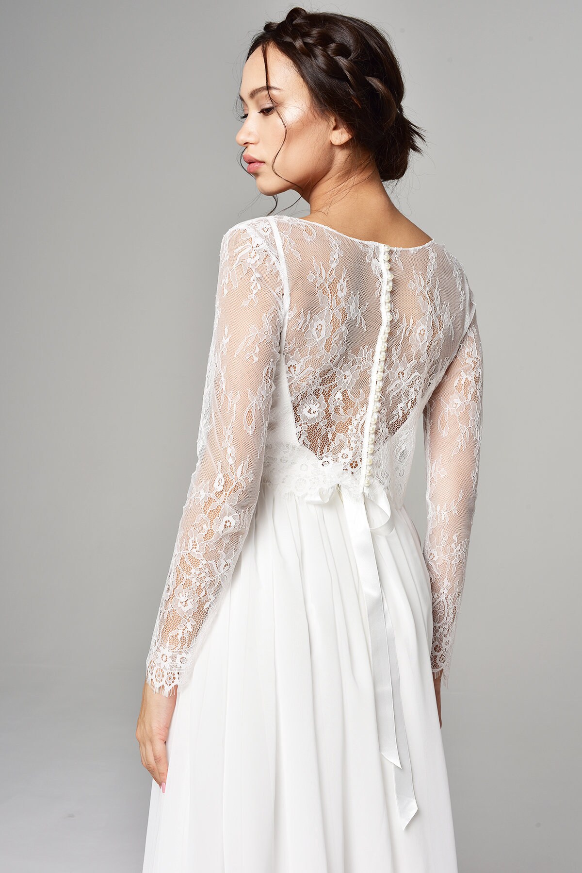 Chiffon wedding dress lace top Long sleeve boho bridal gown | Etsy