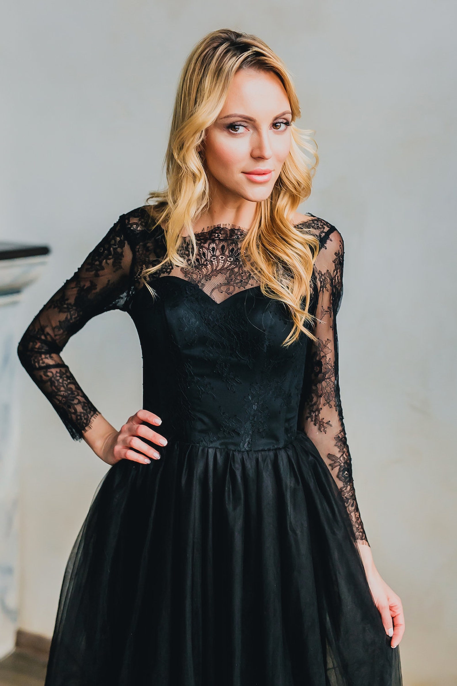 Black lace wedding dress black tulle wedding dress aline Etsy