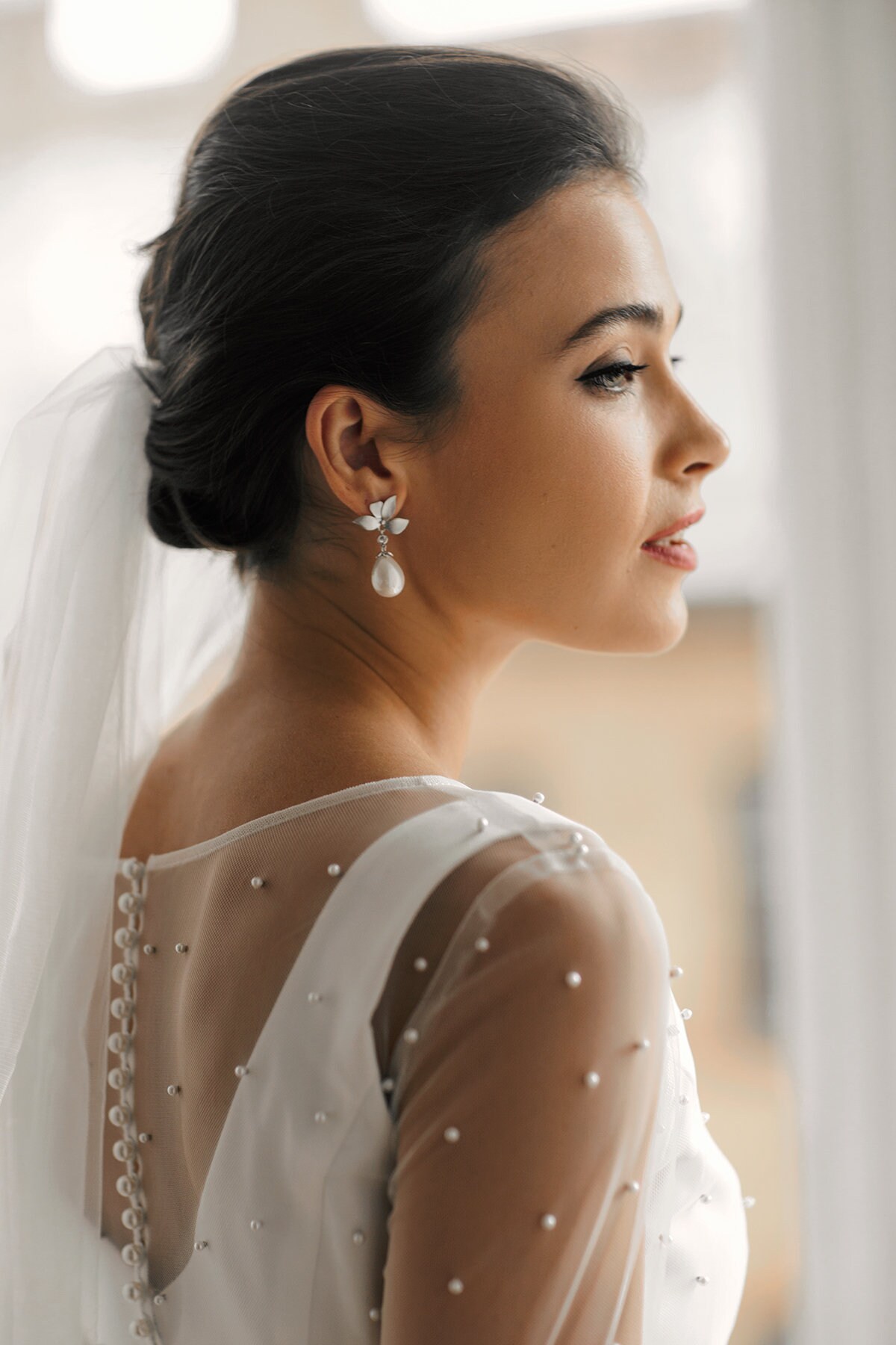 Pearl satin wedding dress Beaded wedding gown with long | Etsy