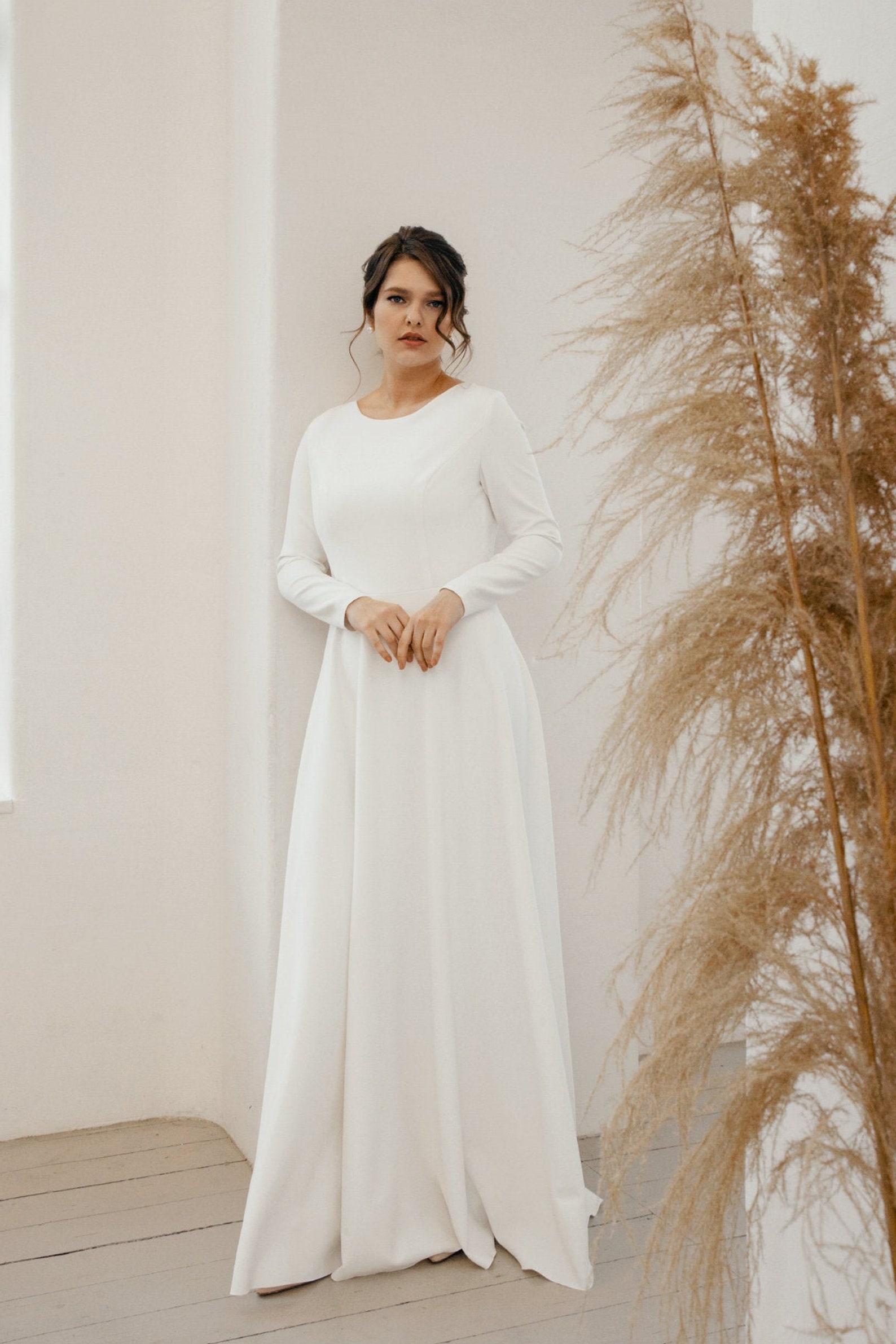 Plus size modest wedding gown simple long sleeve bridal | Etsy