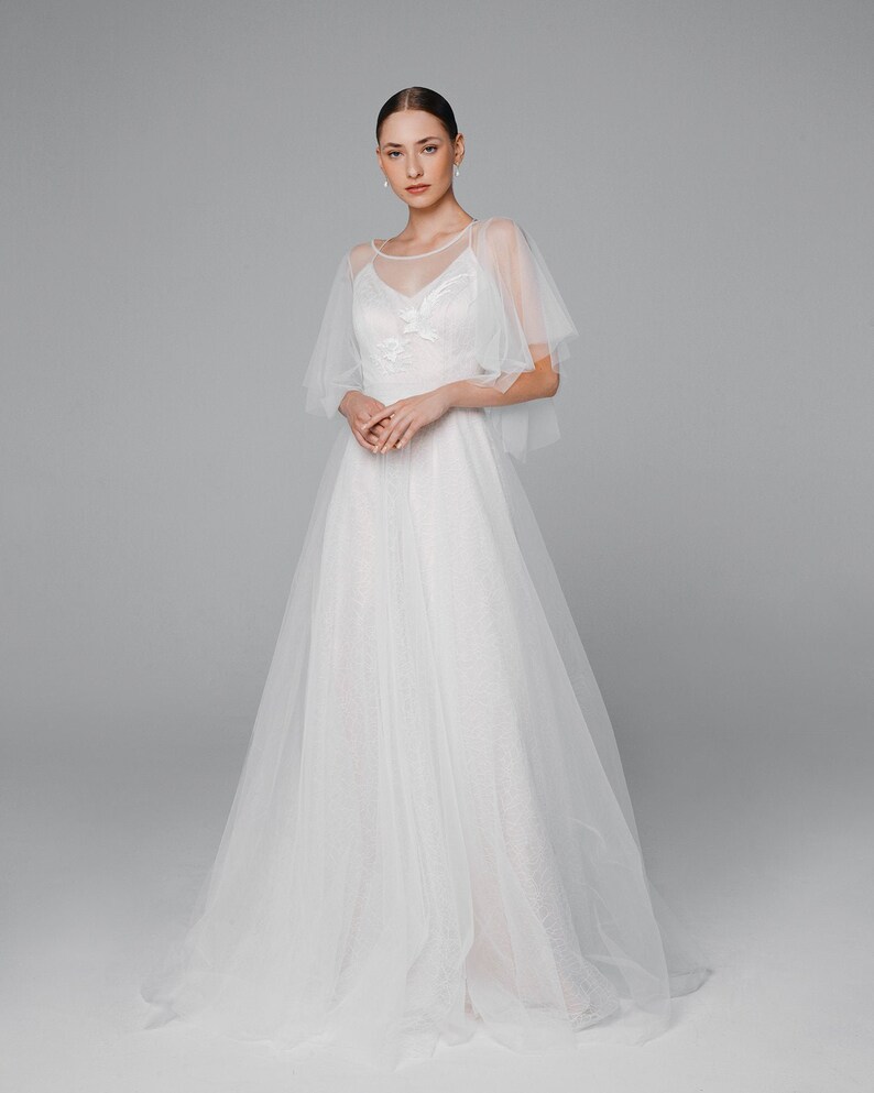 Flutter sleeve wedding dress tulle wedding dress Open back Etsy