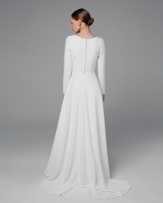 Crepe long sleeve wedding gown lds wedding dress Minimalist | Etsy