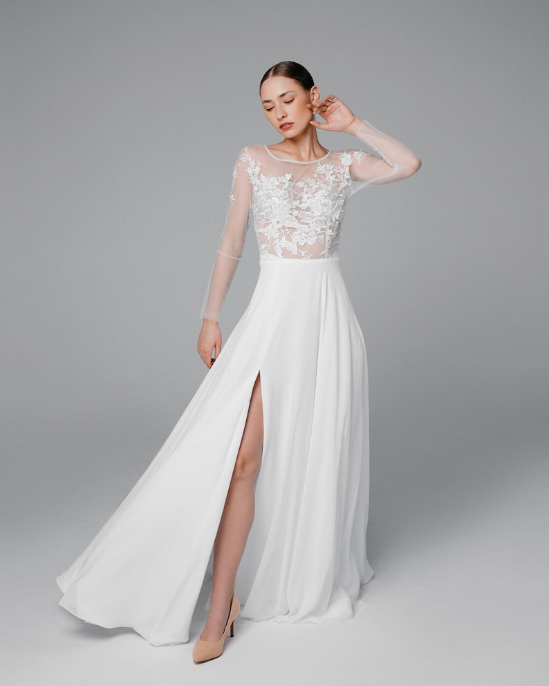 Chiffon wedding dress Slit wedding dress Beach wedding Etsy