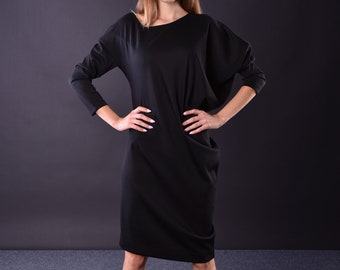Black Women Asymmetric Dress, Extravagant Tunic Dress, Casual Dresses For Women