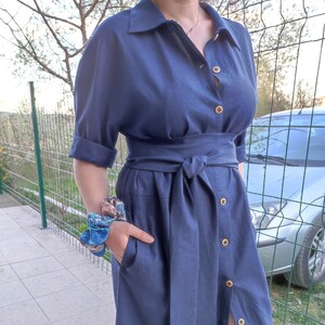 Collar Linen Dress, Oversized Linen Shirt, Linen Button Up, Maternity Dress, Tunic Dress, Navy Blue Dress, Loose Linen Dress