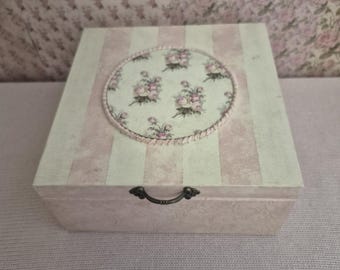 Decorated Vintage/ Shabby Chic Rose, Pink Stripes Jewellery/ Trinket Box