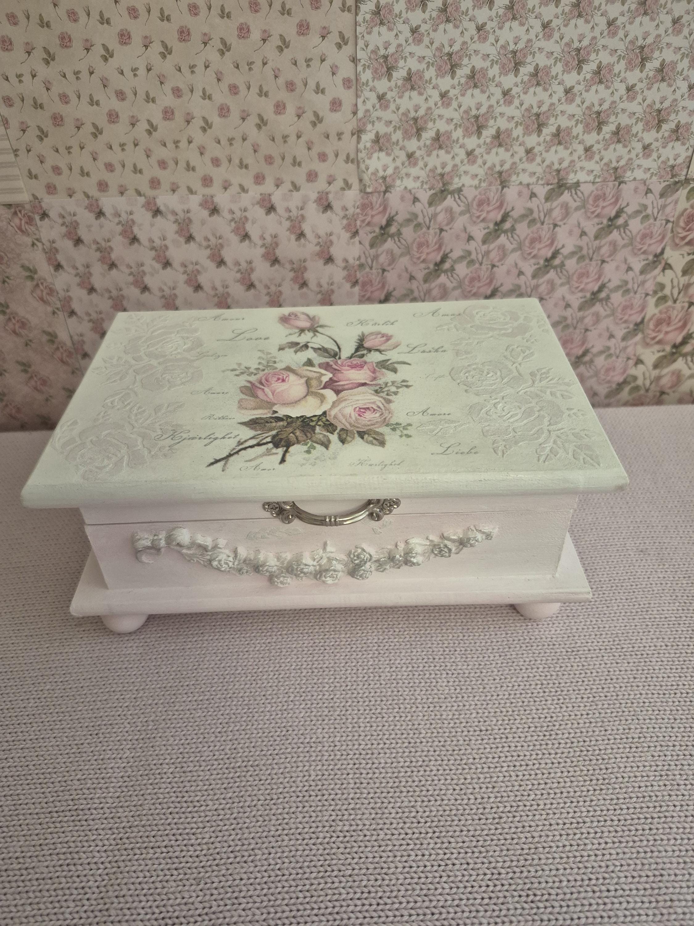 Decorated Shabby Chic Pink Rose Jewellery Trinket Box