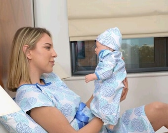 Conjunto de 4 piezas: bata de maternidad para parto, bata de hospital, gorro y funda de almohada. Ideal para baby shower, para mamá y bebé. Imprescindible para la bolsa del hospital.